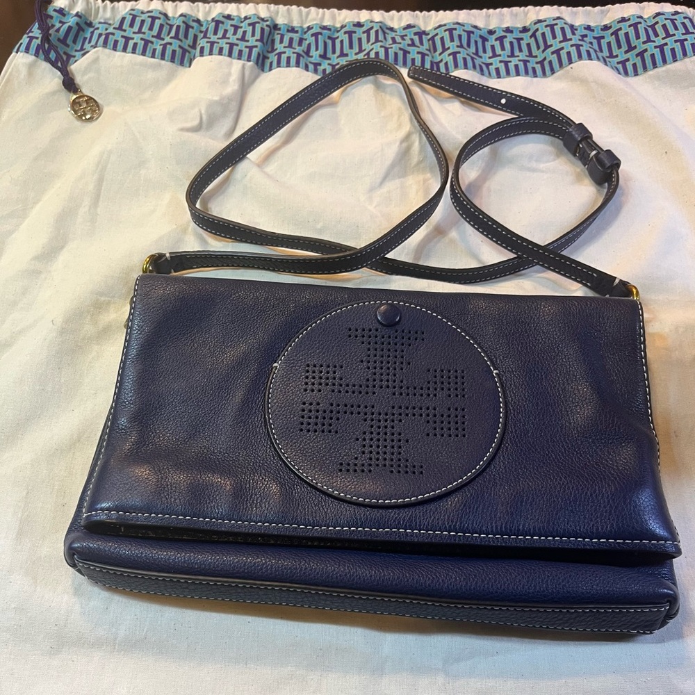 TORY BURCH Navy Blue Crossbody Bag soft Leather Fold over Bag Calf skin purse